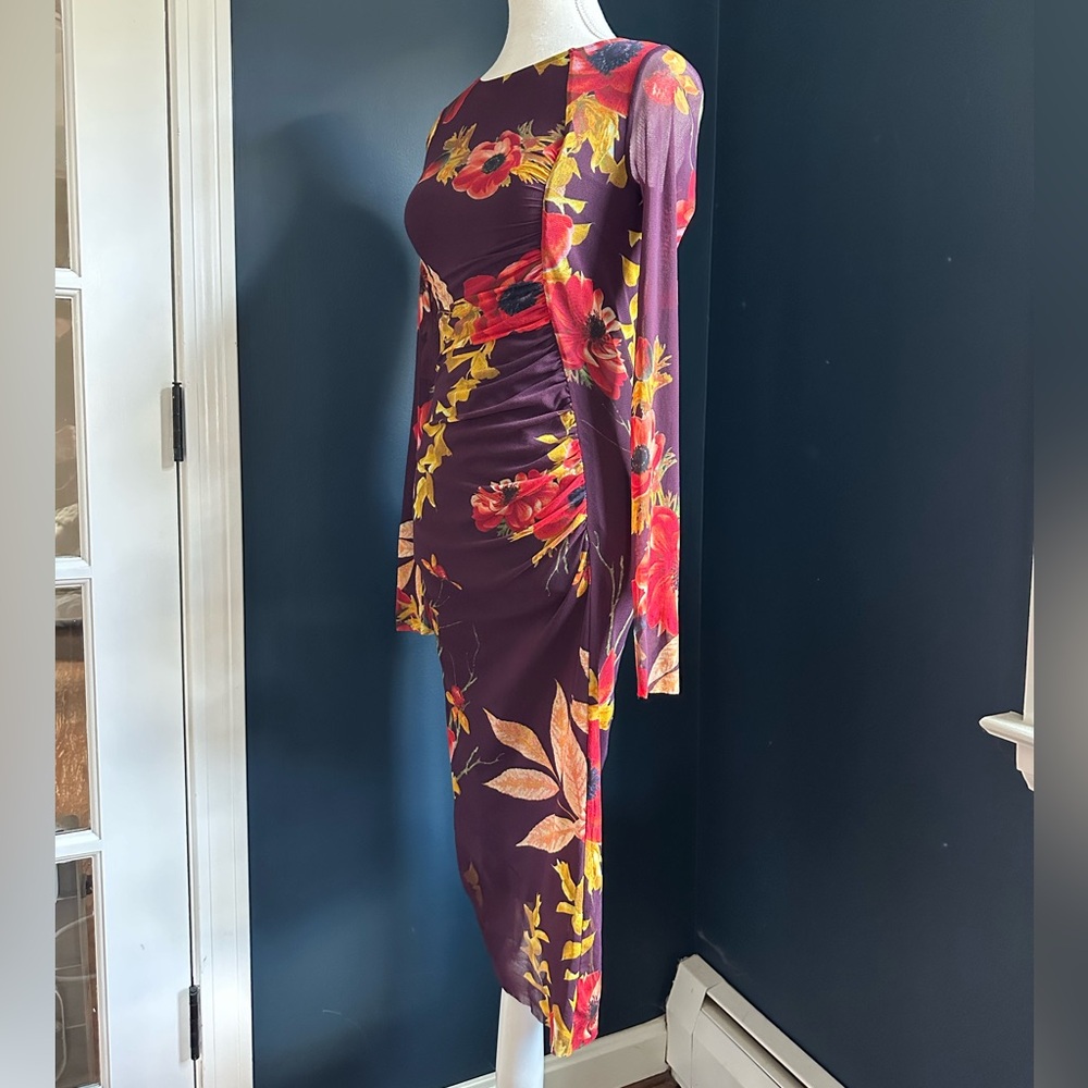 Fuzzi Abito Mesh Long Sleeve Ruched Midi Dress, Size XS - Picture 7 of 16